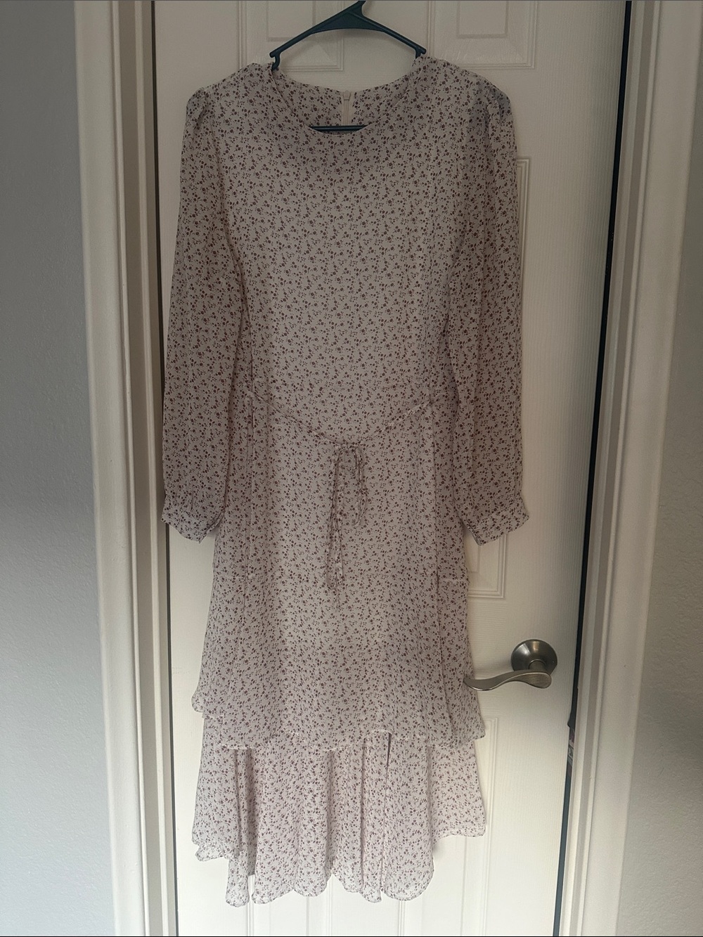 Light Pink Floral Long Sleeve Tiered Midi Dress